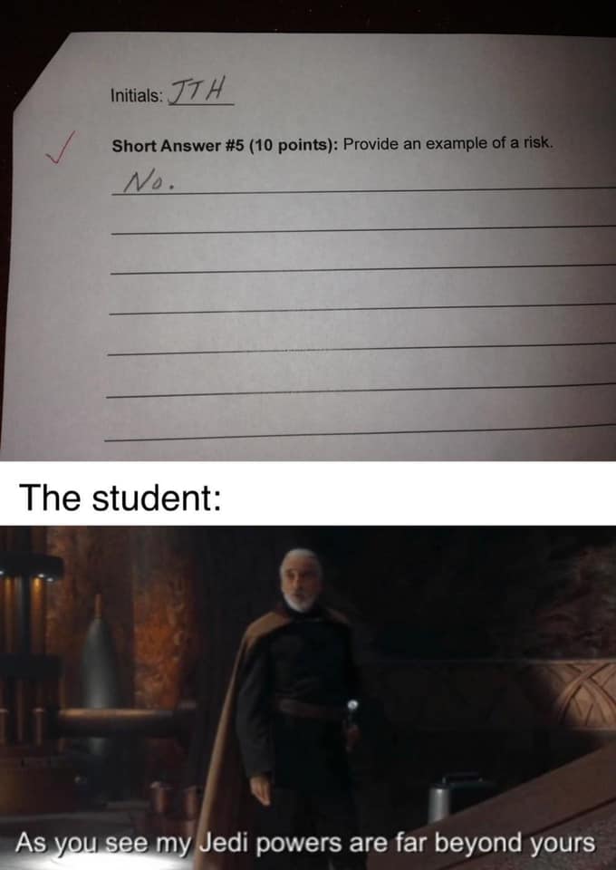 This meme is a humorous image that pokes fun at a student's poor performance on a test. The image shows a test question with a student's answer "No." in response to a question about a specific topic. The caption below the image reads "In 2-3 sentences, describe this meme for someone who cannot see it."